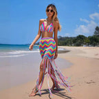 Conjunto de falda playera sexy de ganchillo a mano con borlas onduladas para mujer