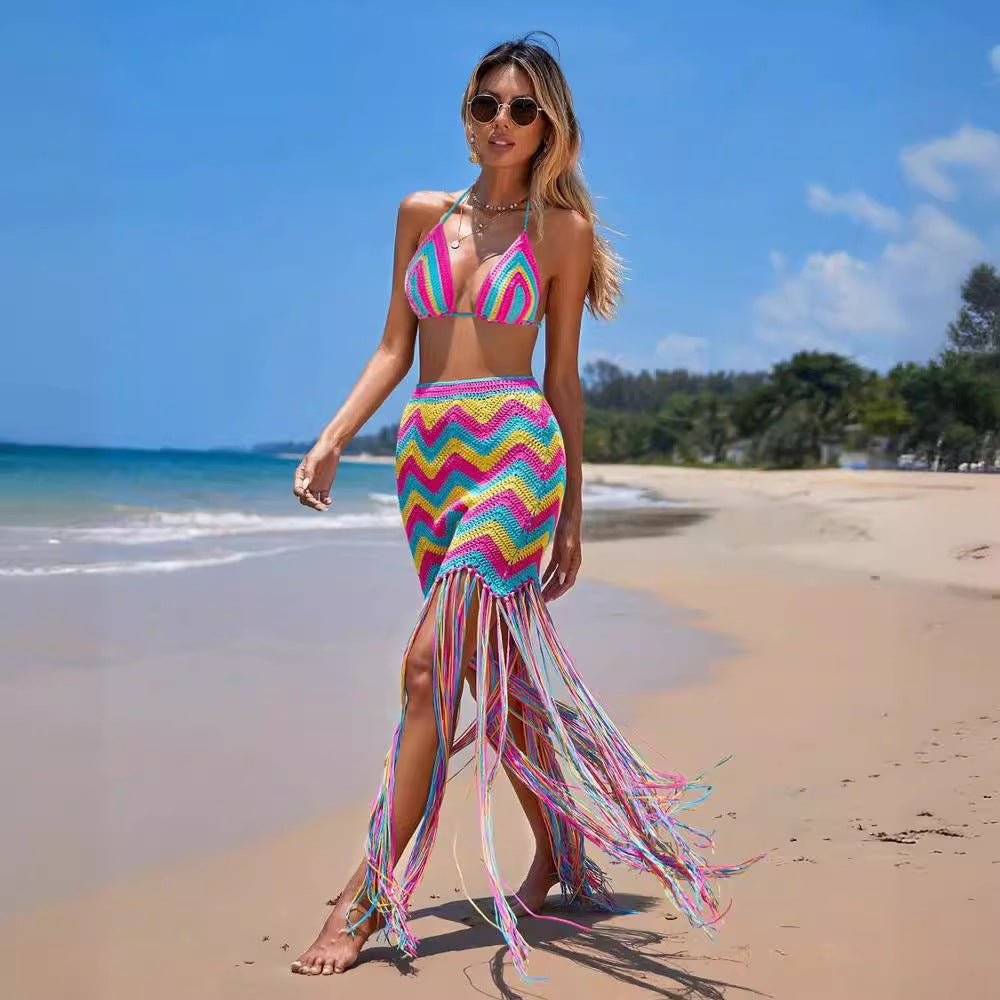 Conjunto de falda playera sexy de ganchillo a mano con borlas onduladas para mujer