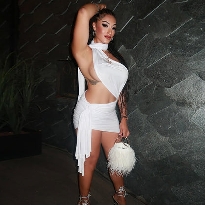 Street Women Wear Stitched Backless Solid Color Hip Lace up Pleated Asymmetric Dress