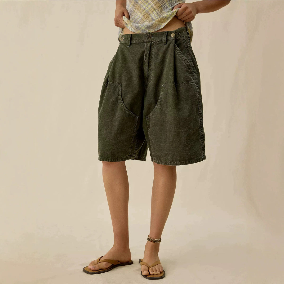 Summer Vintage Crumpled Button Pleated Casual Women Shorts Shocen