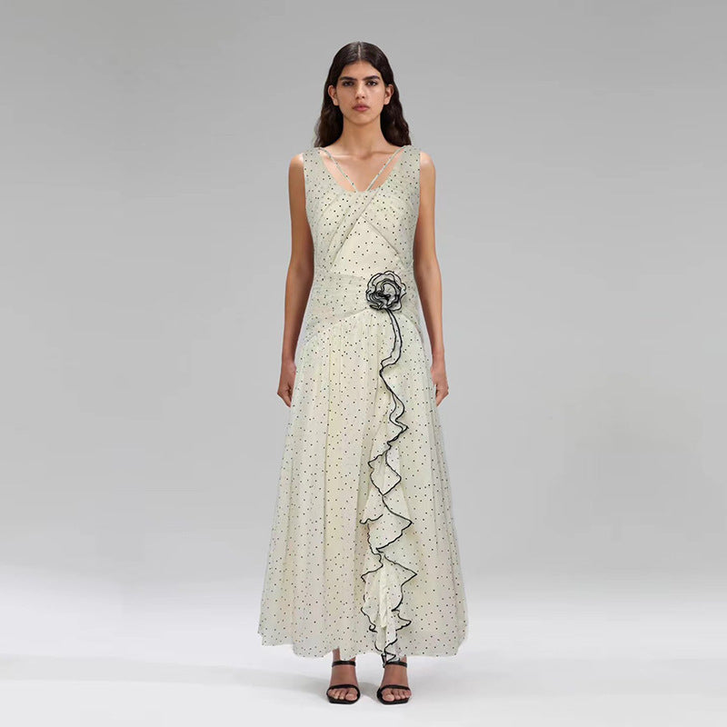 Sweet Milk Apricot round Neck Sleeveless Polka Dot Brace Maxi Dress Summer Women Clothes Dress