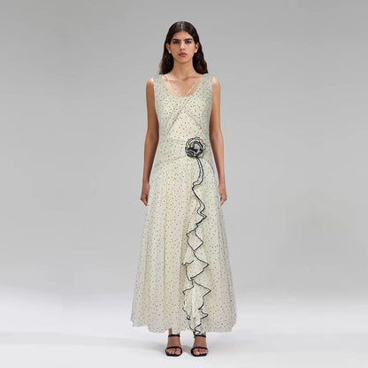 Sweet Milk Apricot round Neck Sleeveless Polka Dot Brace Maxi Dress Summer Women Clothes Dress