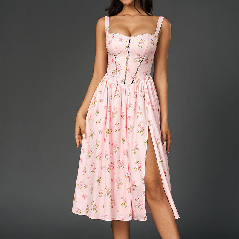 Cami Dress Sexy Printed High Slit Backless Pile Collar Maxi Dress SUNSHINE