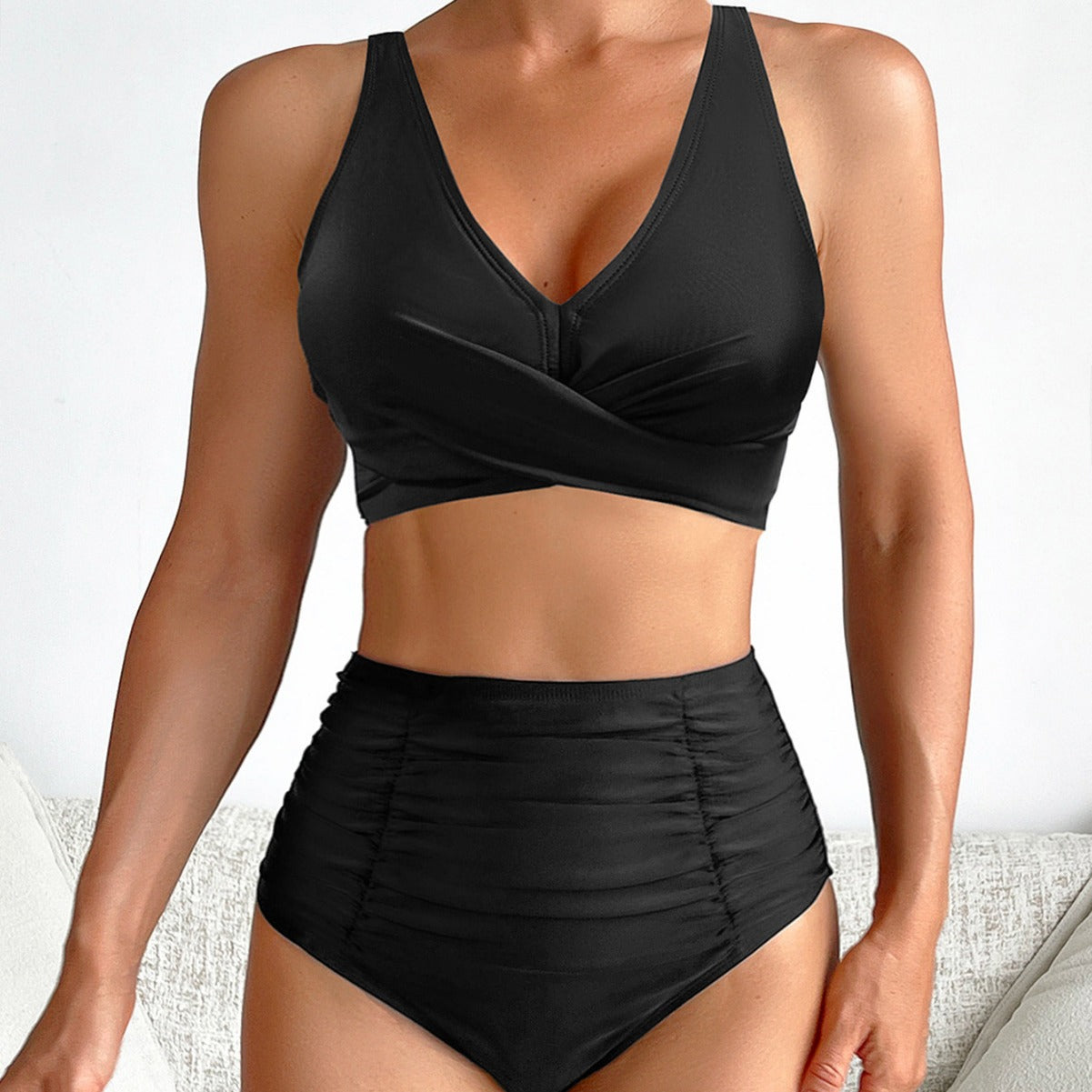 Bikini de color sólido con arrugas y cintura alta, sexy, dividido