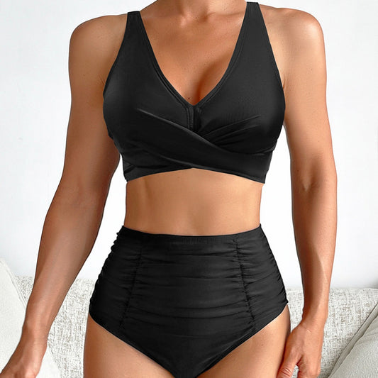 Bikini de color sólido con arrugas y cintura alta, sexy, dividido