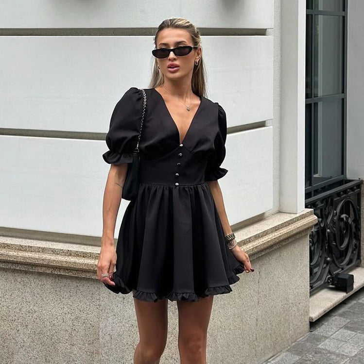 Women Clothing Summer French Puff Sleeve High Waist A line Dress Sexy V neck Waist Black Dress Kigali