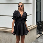 Women Clothing Summer French Puff Sleeve High Waist A line Dress Sexy V neck Waist Black Dress Kigali