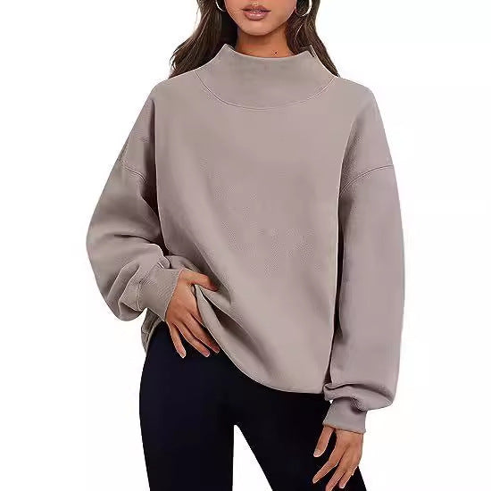 Camisa informal de polar para mujer, sudadera holgada de cuello alto medio grueso para otoño e invierno