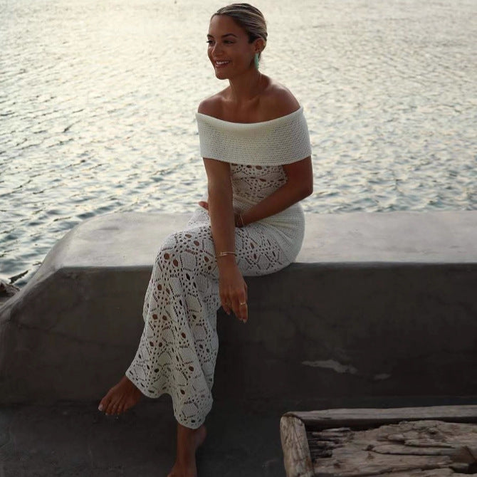 Off Shoulder Hollow Out Cutout Dress Women Summer Waist Hip Knitwear Maxi Dress Women Havana