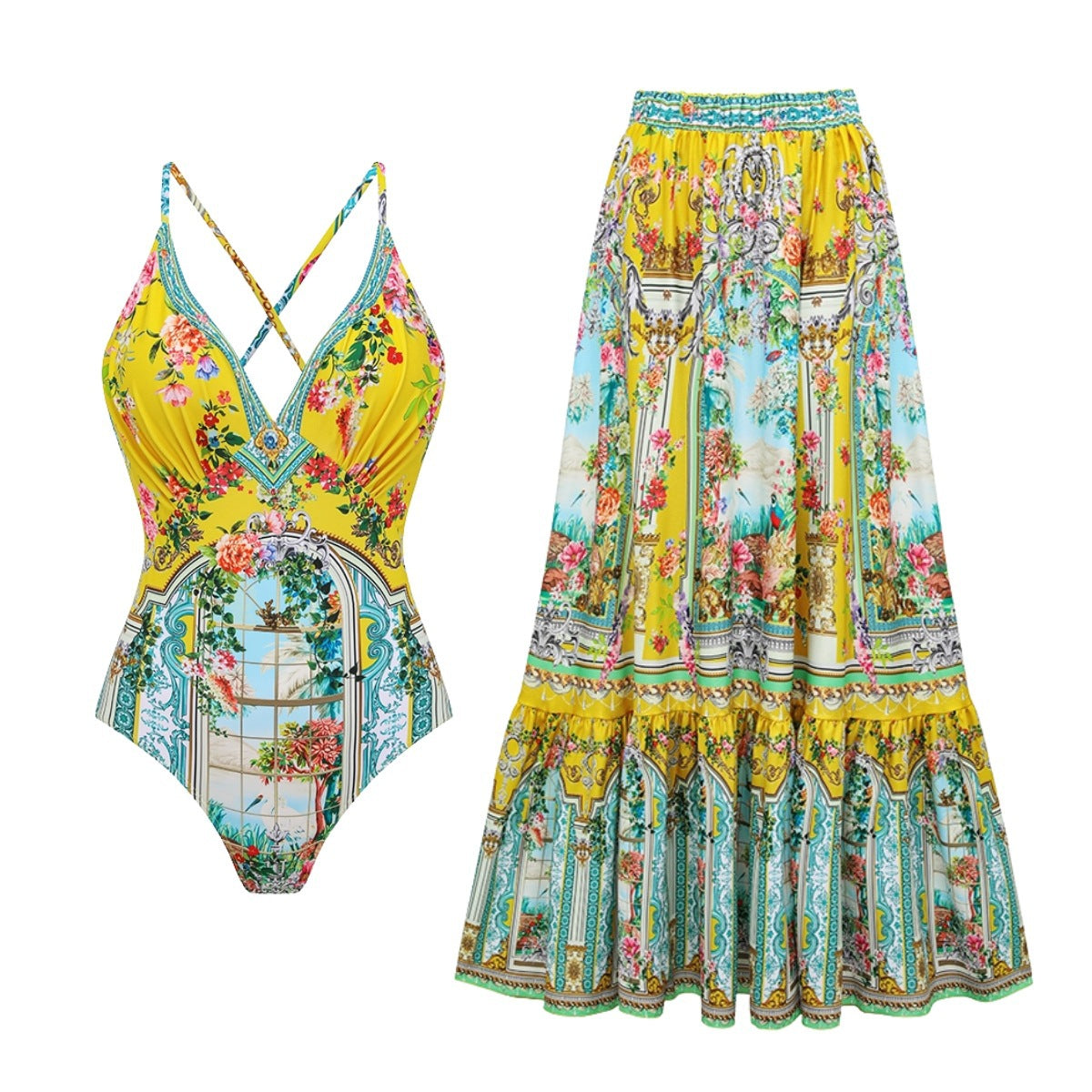 V-neck Lace-up Swimsuit Long Skirt Suit