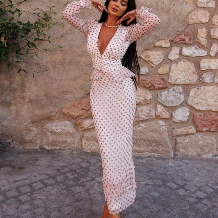 Women Clothing V neck Long Sleeve Waist-Controlled Top Printed Two Piece Skirt Set Kigali