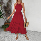 Women Clothing Vintage Red Halter Dress Summer High Waist Backless Dress Yiskiss