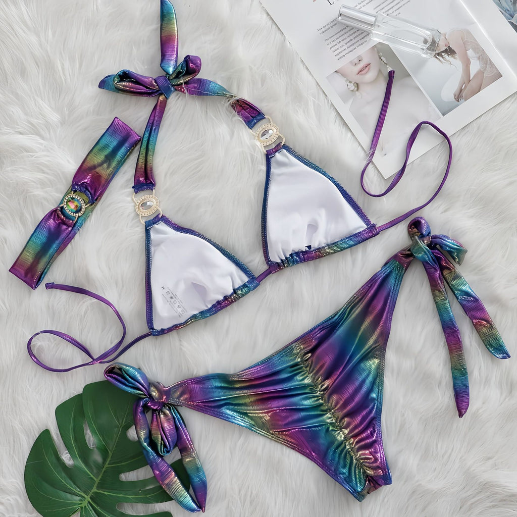 Bikini sexy de tres piezas con cristales y diamantes para mujer, traje de baño brillante para playa