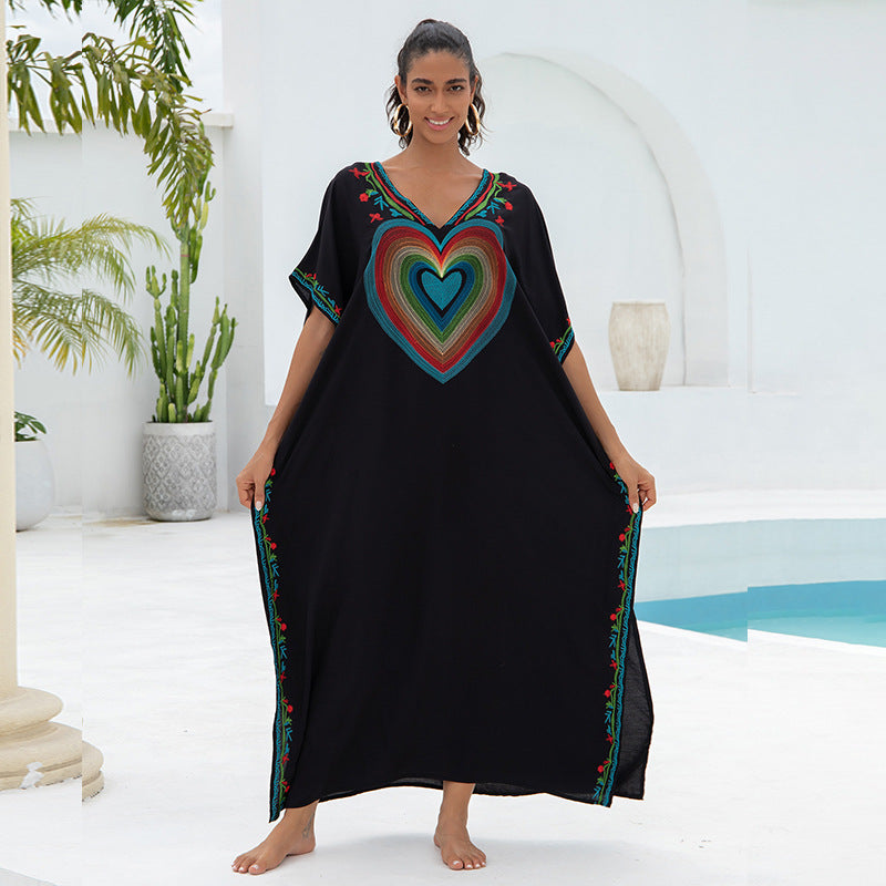 Rayon Embroidered Loose Robe Vacation Beach Dress Women Sun Protective Clothing Beach Cover Up EvenStar