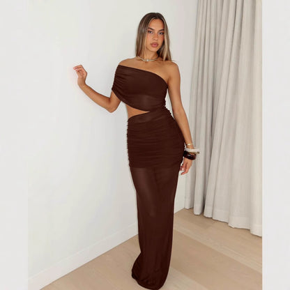 Women Clothing Summer Sexy off Shoulder Gauze Hollow Out Cutout Slim Fit Pleated See through Dress