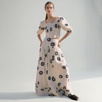 Korean Casual Summer Square Collar Puff Sleeve Peplum Top High Waist Print Skirt Set Sailfish
