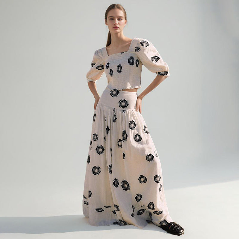 Korean Casual Summer Square Collar Puff Sleeve Peplum Top High Waist Print Skirt Set Sailfish