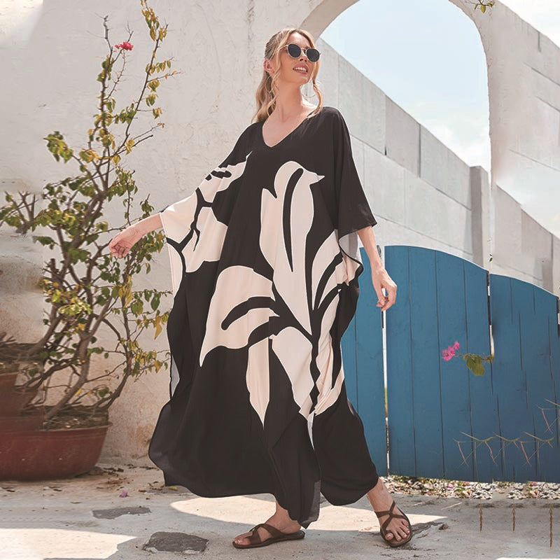 Polyester Printed Loose Maxi Dress Women Beach Dress Holiday Dress Robe Beach Cover Up EvenStar