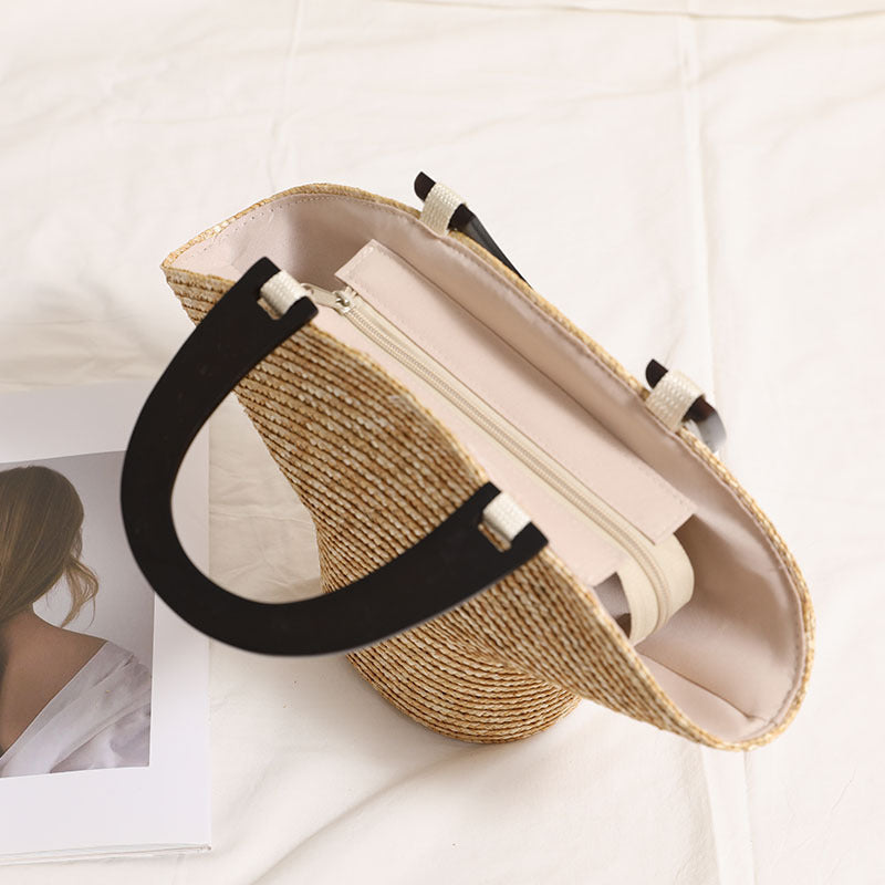 Wooden Portable Hat Straw Bag Fresh Straw Woven Bag Vacation Beach Bag Women Bag EaseWoven