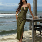 Swimwear Sexy Deep V Plunge neck Pleated High Slit Tube Top Dress Sexy BALANCE