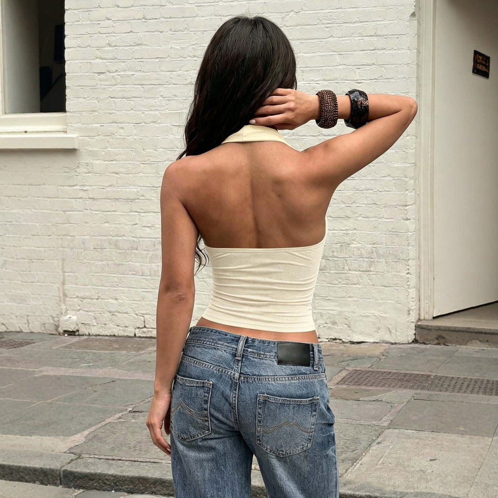 Textured Mock Neck Halterneck Vest For Women Waist Cinching Slim Backless Short Spicy Top Yiskiss