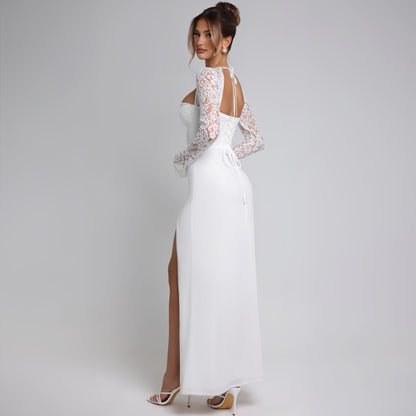 Autumn Women Wear Low Cut Self Tie Lace Slim Fit Slit Sexy Dress