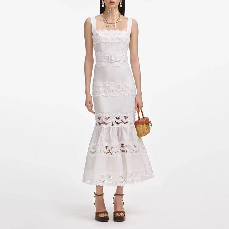 Vacation Maxi Dress Hollowed out Embroidered Strap Fishtail Design Dress Women Ory