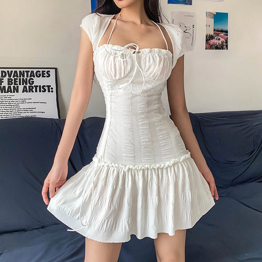 Summer Sexy French Low Cut Square Collar Halter Lace Up Design Short Sleeve Pleated Dress Women