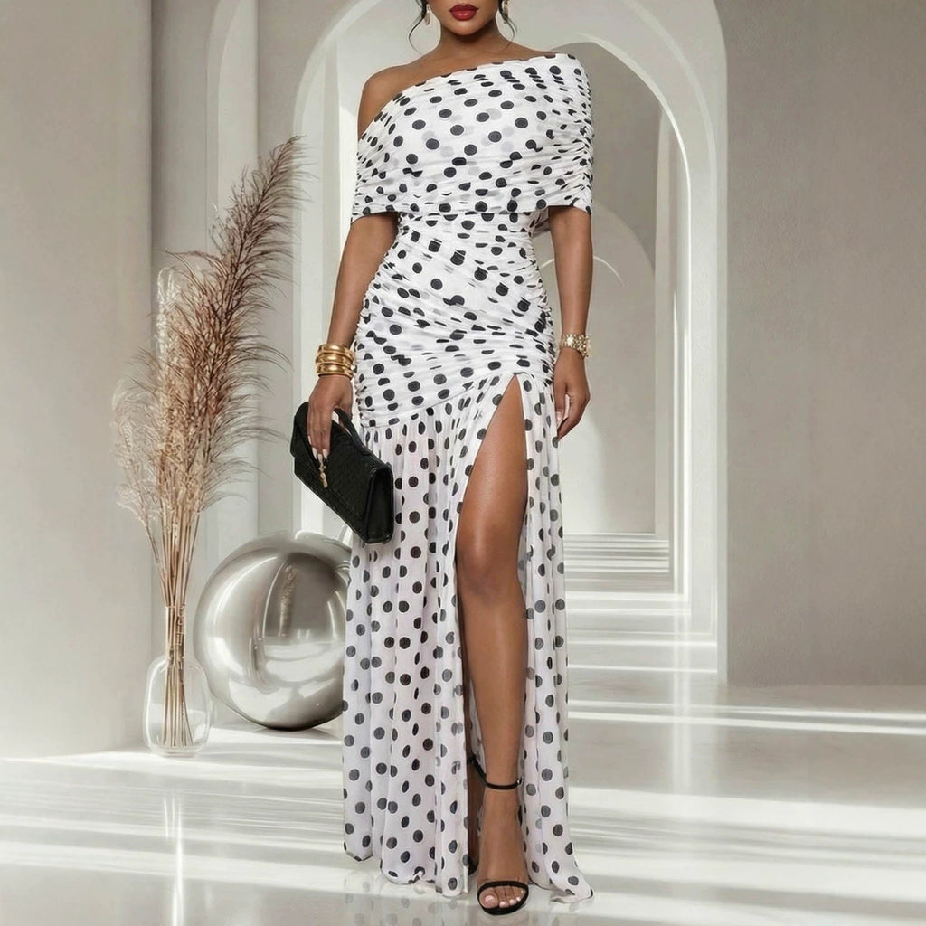 Women Dress Polka Dot Split Patchwork Cold Shoulder Cocktail Sheath Dress Endless