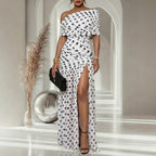 Women Dress Polka Dot Split Patchwork Cold Shoulder Cocktail Sheath Dress Endless