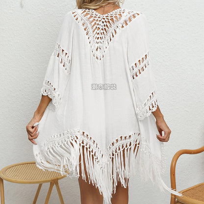 Solid Color Crochet Stitching Beach Sun Protection Cardigan Tassel Lace up Short Sexy Blouse