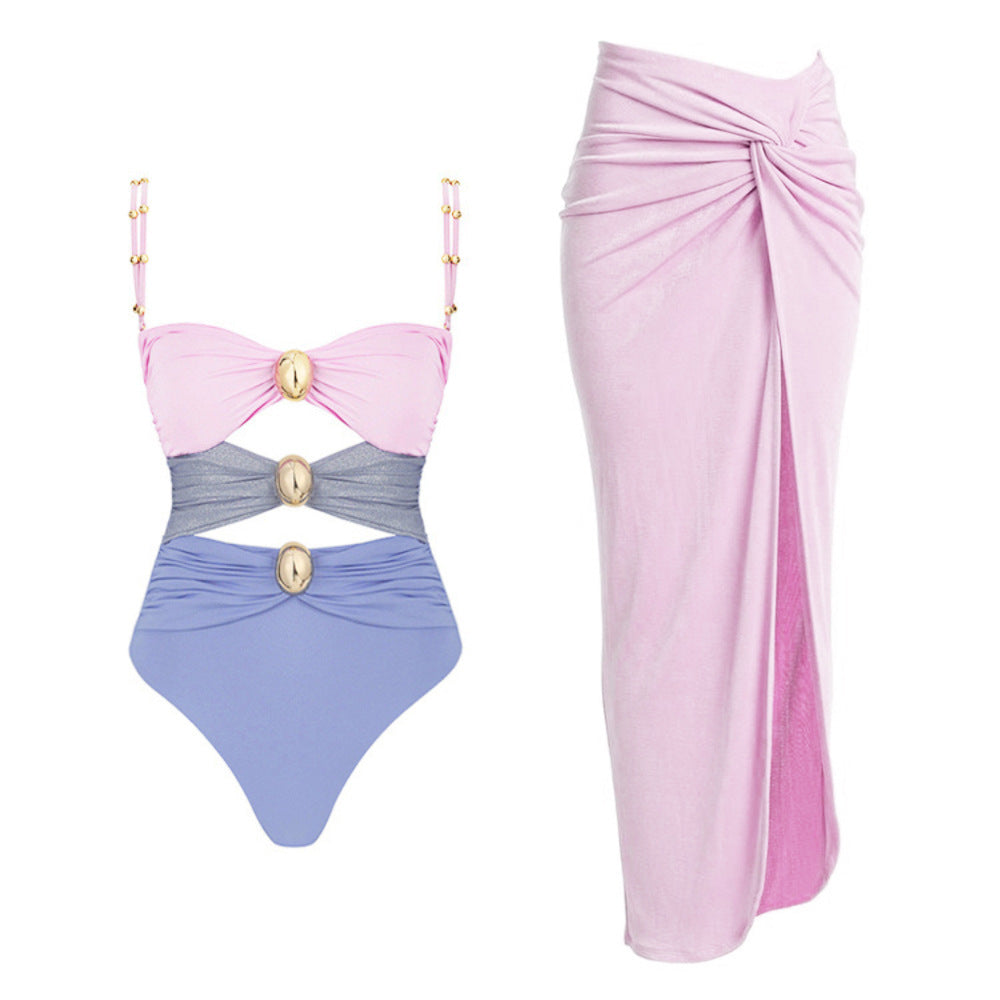 Pink Color Matching Swimsuit Suit