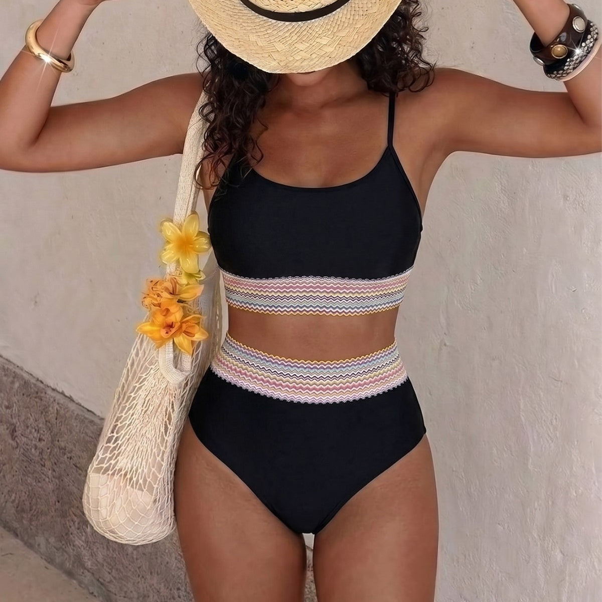 Bikini Ribbon Stitching High Waist Sexy Split Bikini Seaside Vacation Swimsuit WithWind