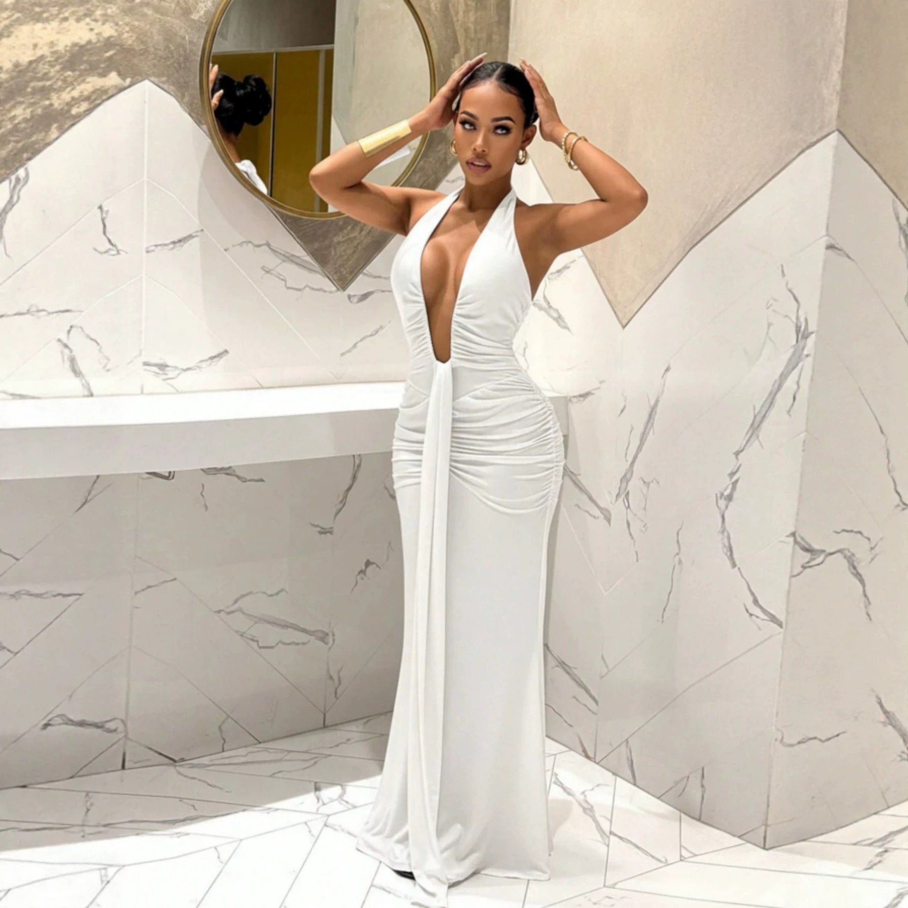 Women Halter Deep V Plunge Pleated Slim Fit Mopping Dress Slimming Sheath Fishtail Dress YUni