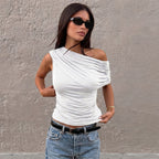 French Women Summer Waist Controlled Oblique Shoulder Pleated Shoulder T shirt Top BULLINGER