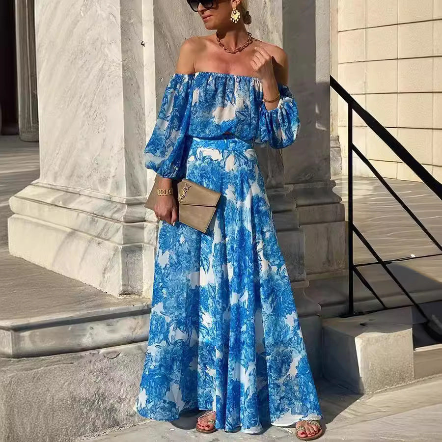 Spring Summer off Shoulder Printing High Waist Elegant Dress Women Havill