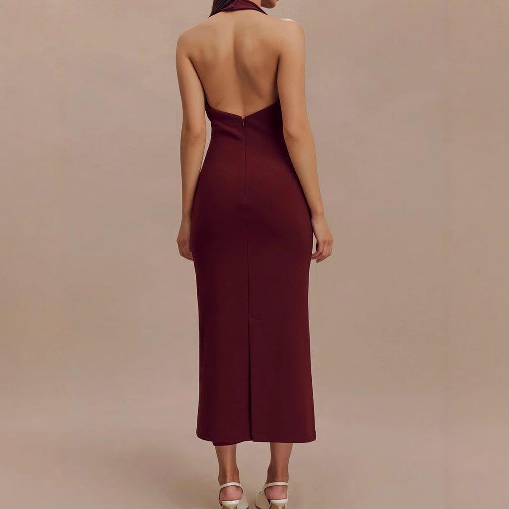 Sexy Women Clothing Sexy Backless V neck Midi Dress Skinny Sheath Split Halter Dress REBECCA