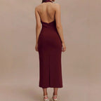 Sexy Women Clothing Sexy Backless V neck Midi Dress Skinny Sheath Split Halter Dress REBECCA