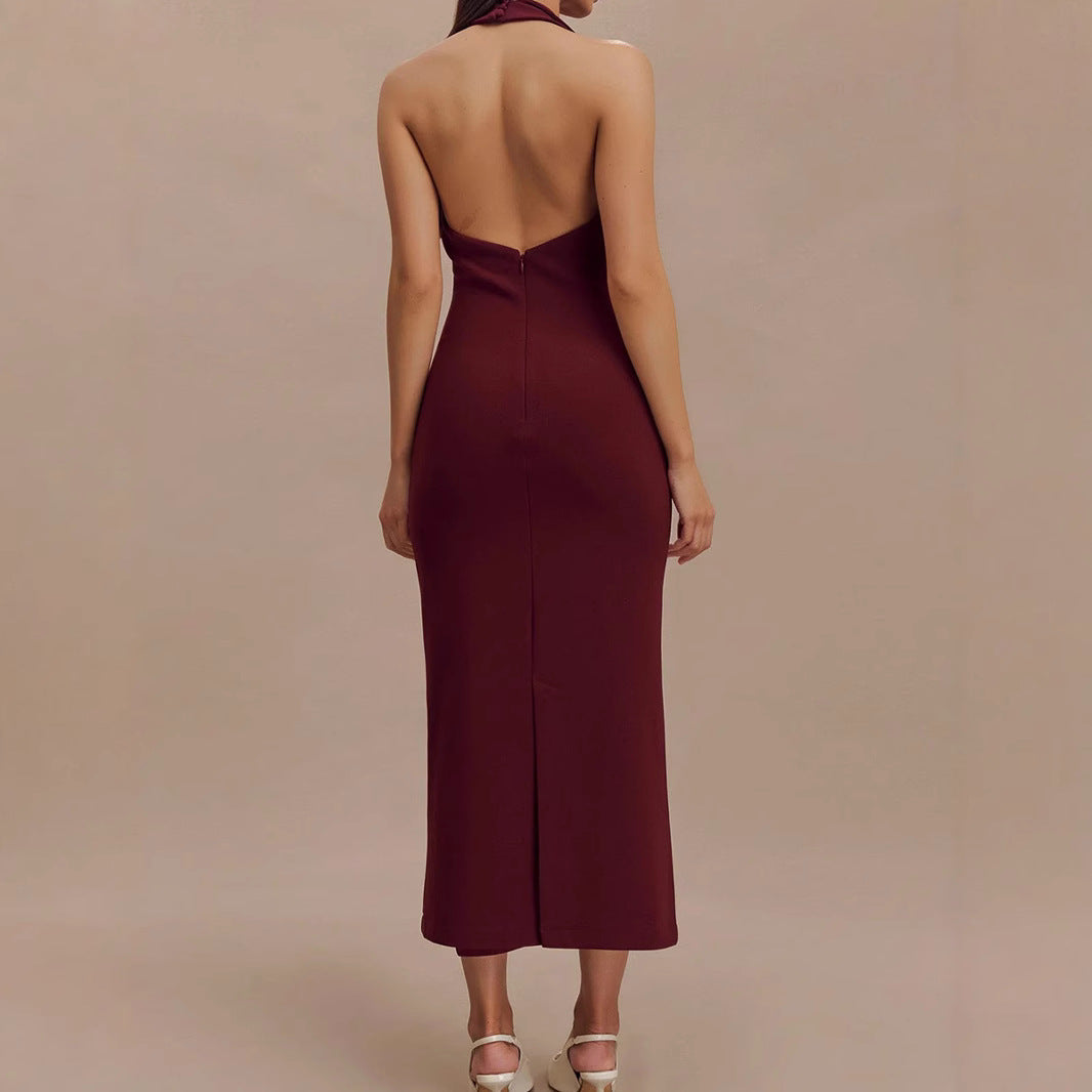 Sexy Women Clothing Sexy Backless V neck Midi Dress Skinny Sheath Split Halter Dress REBECCA