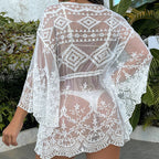 Women Beach Sun Proof Top Water Soluble Waist Tight Lace up Sexy Embroidered V Collar Beach Cover Up Tidee