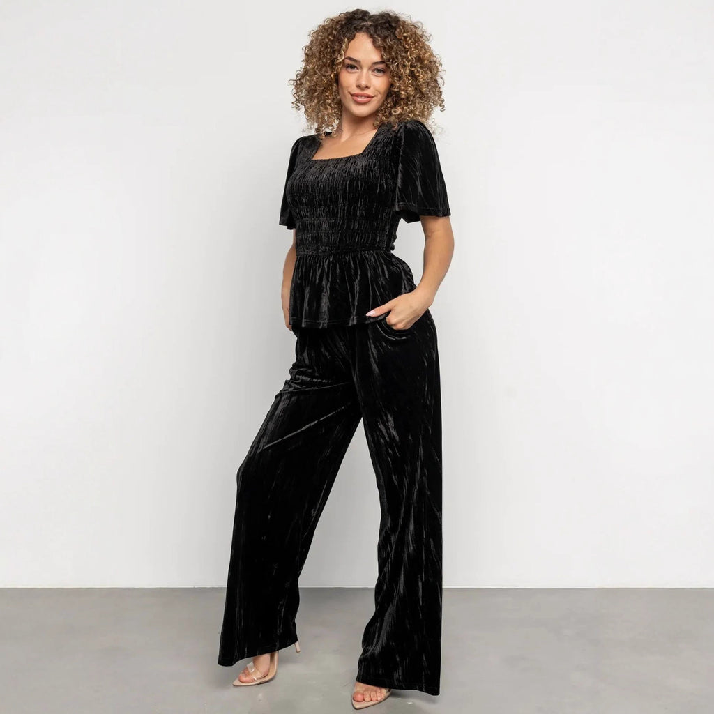Velvet Women Solid Color Pleated Slim Casual Short Sleeved T shirt Pants Wide Leg Two Piece Set DREAMCHIN