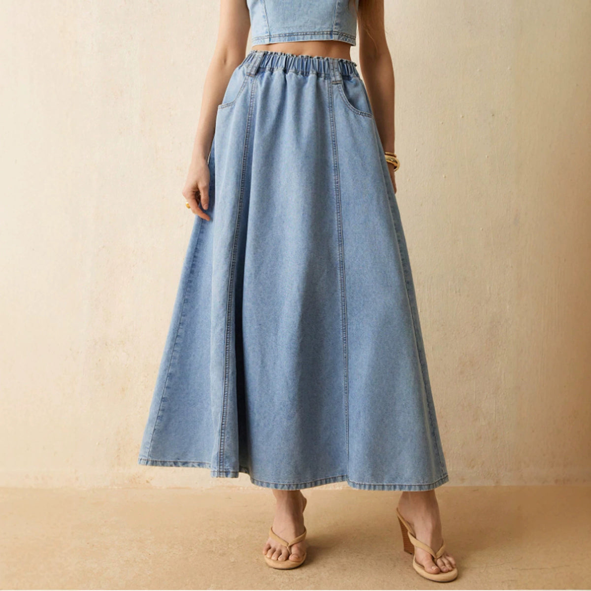 Skirt Spring Summer Women Mid Length Patchwork Casual Denim Skirt High Waist A line Large Hem Umbrella Skirt JinRen