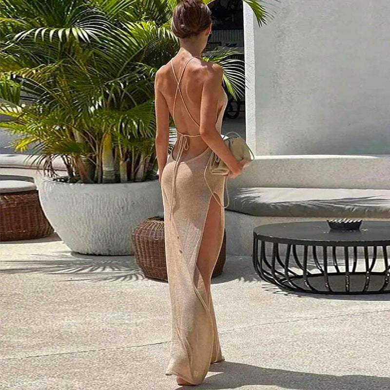 Double Sided High Slit Sling Beautiful Back Knitted Dress Beach Dress Women Mangar