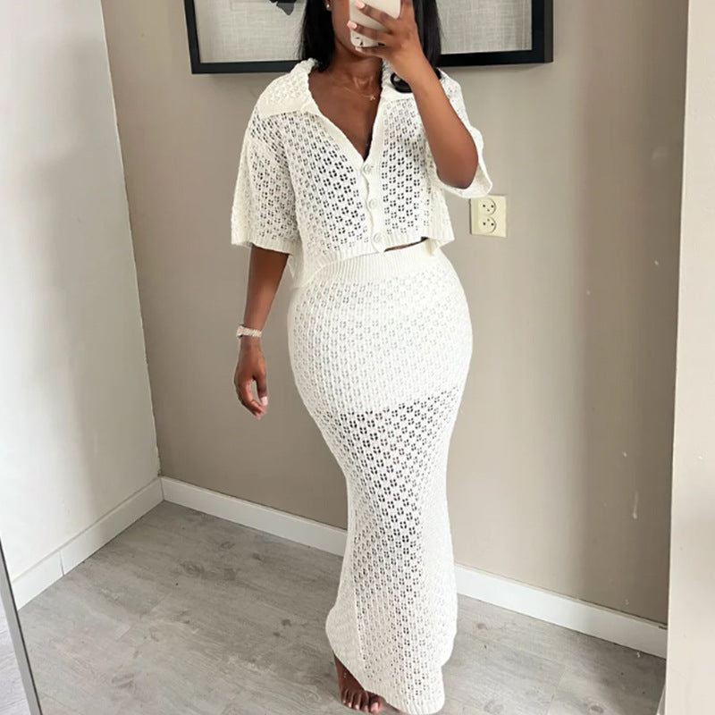 Short Sleeved Cardigan Hollow Out Cutout out Top Slim Fit Long Knitted Skirt Sun Proof Beach Skirt Tidee