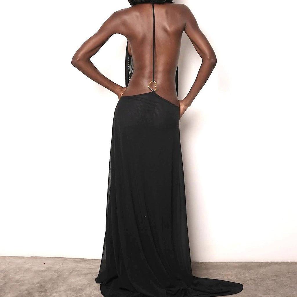 Women Spring Clothing V neck Halter Mesh Backless Sexy Solid Color Dress Cecil