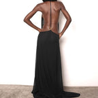 Women Spring Clothing V neck Halter Mesh Backless Sexy Solid Color Dress Cecil