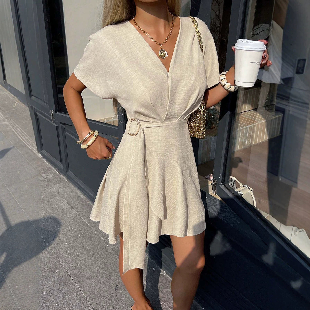 Gentle V neck Dress Tight Waist Slimming Irregular Asymmetric Niche Design Yiskiss