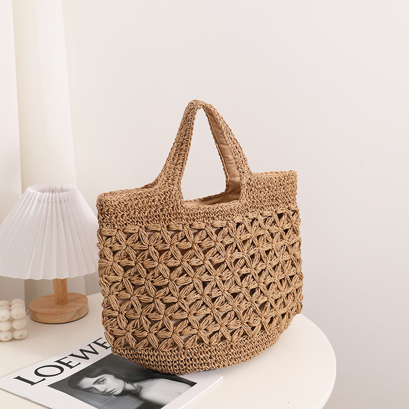 Bolso de paja portátil con recortes florales, bolso tejido de gran capacidad, bolso de playa para vacaciones en la playa, bolso de mano para mujer 