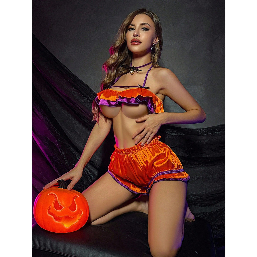 Halloween Contrast Color Sexy Two Piece Ruffled Halter Bra Elastic Shorts Uniform Akaba
