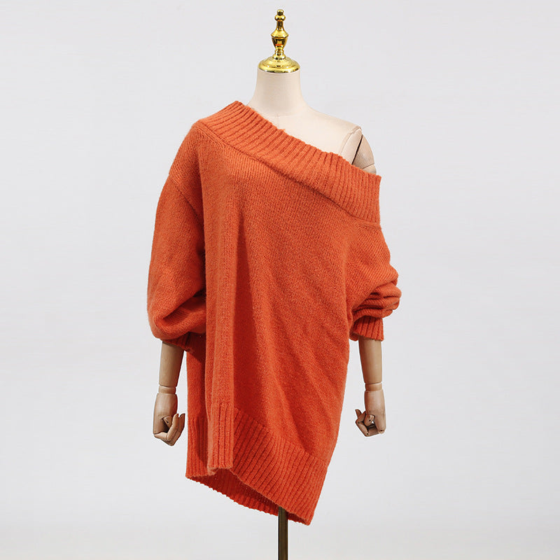 Casual Idle Loose Sweater Women Autumn Diagonal Collar Oversleeves Design Blouse